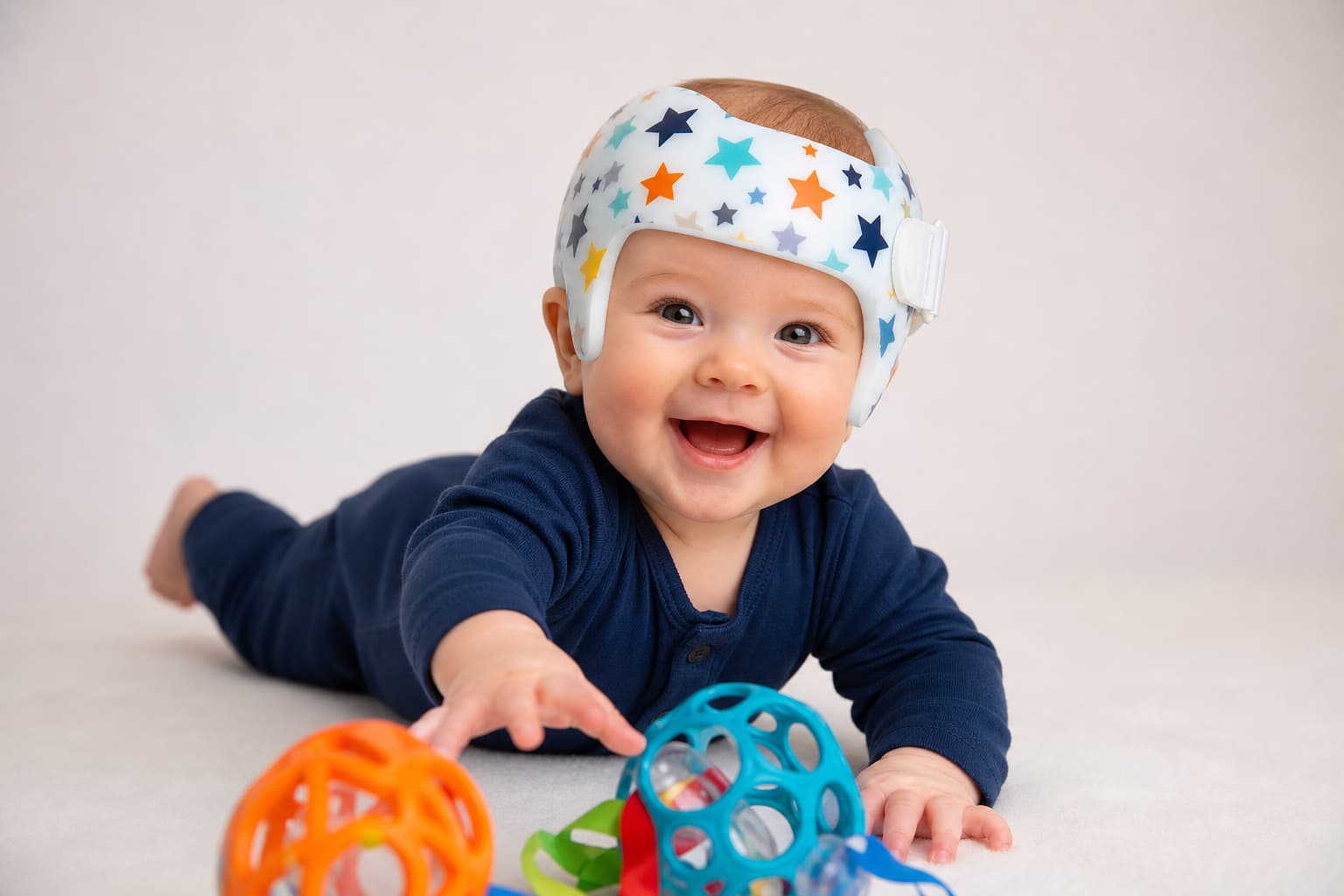 Bébé souriant portant un casque crânien coloré à motifs d