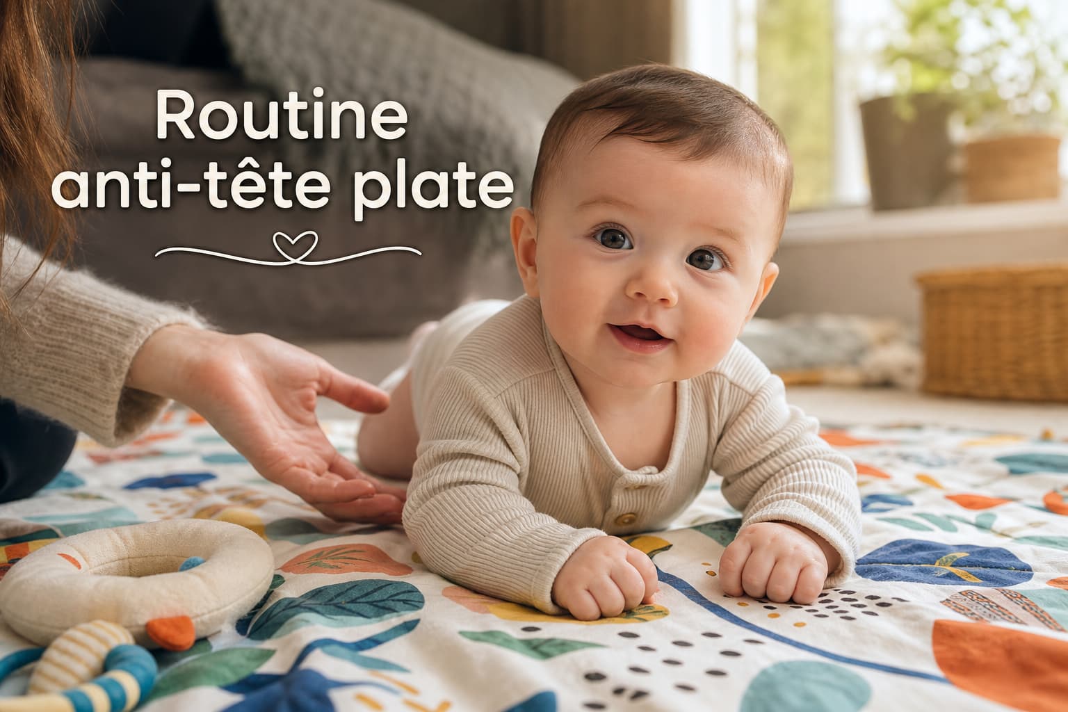 Bébé allongé sur le ventre sur un tapis coloré, la main d
