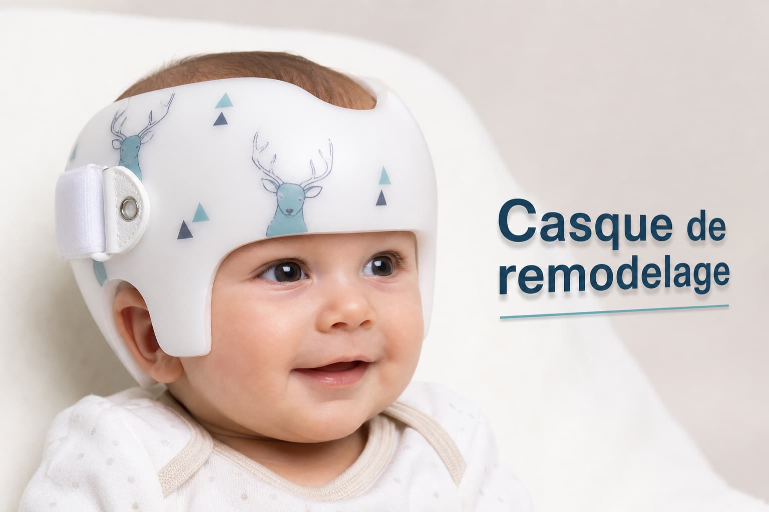 Nourrisson portant un casque de remodelage crânien, affichant une expression sereine, sur fond clair, avec un éclairage doux mettant en valeur la forme du casque, et un texte superposé