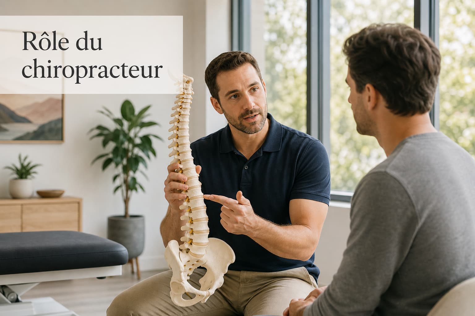 Chiropracteur montrant un modèle de colonne vertébrale à un patient dans une clinique moderne, avec le texte