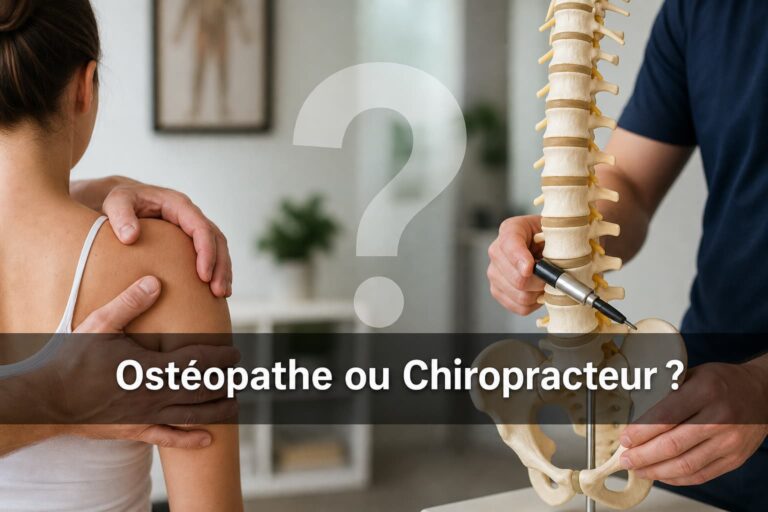 Clinique moderne avec éclairage doux, une main effectuant une thérapie manuelle sur une épaule à gauche, un chiropracteur utilisant un outil d'ajustement sur une colonne vertébrale à droite, et un point d'interrogation discret au centre, avec le texte superposé 'Ostéopathe ou Chiropracteur ?'.