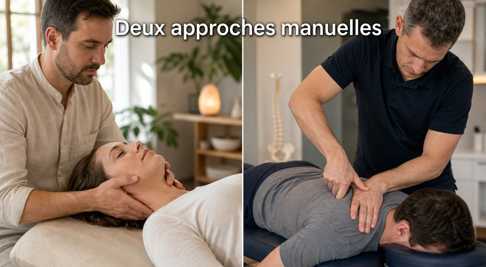 Panneau gauche : ostéopathe pratiquant une technique crânienne douce, mains effleurant la tête et la mâchoire du patient ; panneau droit : chiropracteur effectuant un ajustement vertébral précis sur la colonne thoracique. Texte superposé « Deux approches manuelles » en police sobre.