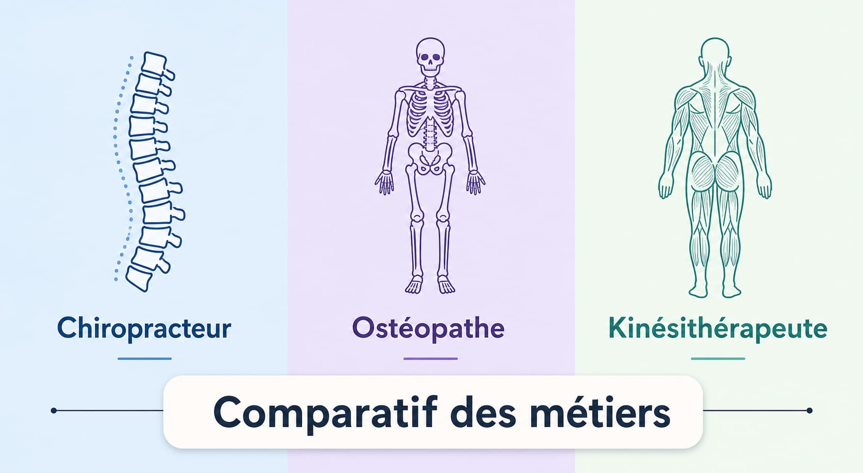 Trois panneaux côte à côte avec des icônes minimalistes : une colonne vertébrale, un squelette et un muscle, accompagnés des mots