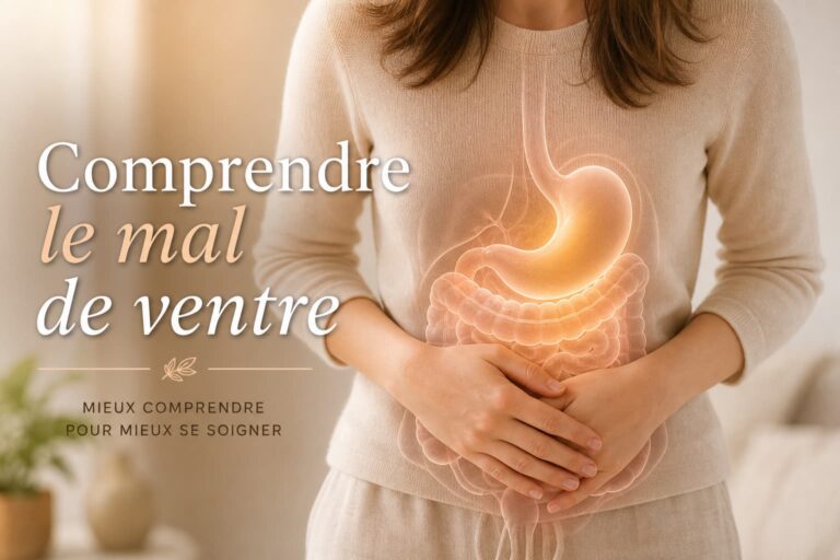 Personne en flou artistique tenant son ventre, avec une surbrillance transparente de l'appareil digestif en surimpression.