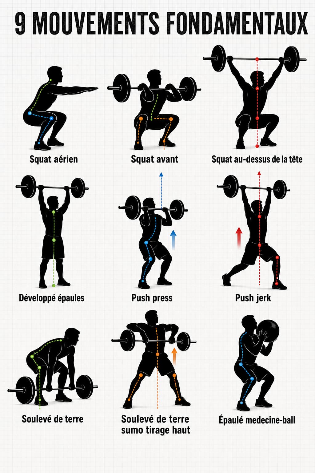 Illustration composite de neuf silhouettes en action montrant les mouvements fondamentaux du CrossFit avec des lignes anatomiques et des étiquettes en français sur fond quadrillé, avec le texte
