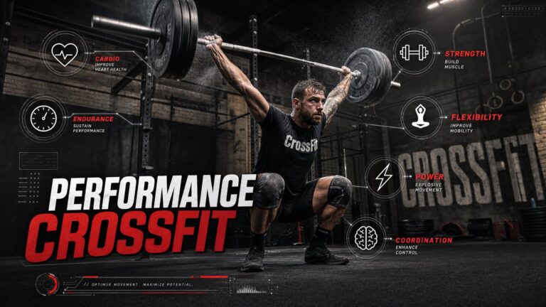 Athlète de CrossFit réalisant un arraché à la barre dans un gymnase industriel sombre, avec des icônes graphiques de performance et le texte 'Performance CrossFit' en superposition.