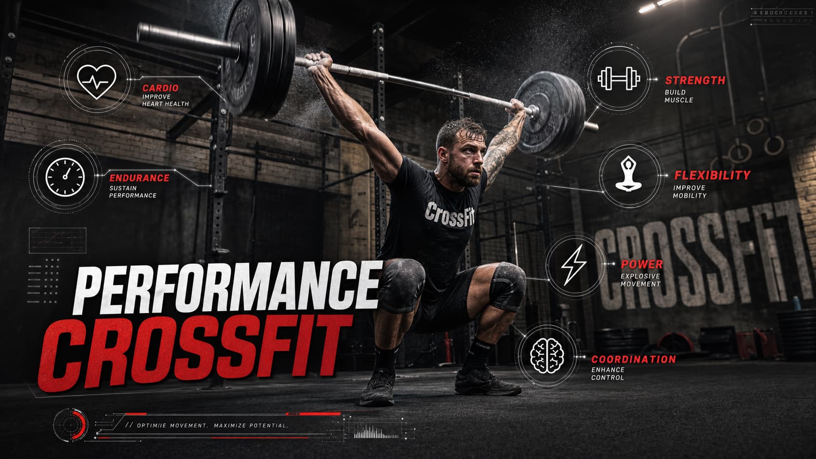 Athlète de CrossFit réalisant un arraché à la barre dans un gymnase industriel sombre, avec des icônes graphiques de performance et le texte