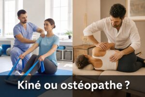 Composition éditoriale en deux parties : à gauche, un kinésithérapeute guide un patient dans un exercice avec bande de résistance dans une clinique lumineuse ; à droite, un ostéopathe effectue une manipulation vertébrale douce sur un patient dans une salle de thérapie calme. Texte superposé 'Kiné ou ostéopathe ?' en bas.