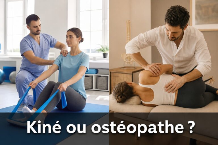 Composition éditoriale en deux parties : à gauche, un kinésithérapeute guide un patient dans un exercice avec bande de résistance dans une clinique lumineuse ; à droite, un ostéopathe effectue une manipulation vertébrale douce sur un patient dans une salle de thérapie calme. Texte superposé 'Kiné ou ostéopathe ?' en bas.