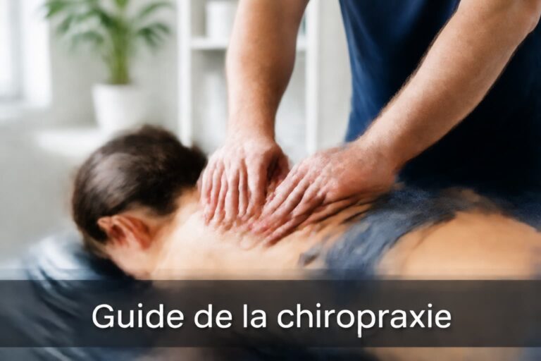 Un gros plan, de dos, des mains d'un chiropraticien ajustant en douceur la colonne vertébrale d'un patient dans un environnement clinique propre, baigné d'une lumière naturelle douce et de tons bleus et blancs apaisants, avec le texte 'Guide de la chiropraxie' en blanc sur un fond sombre semi-transparent en bas de l'image.