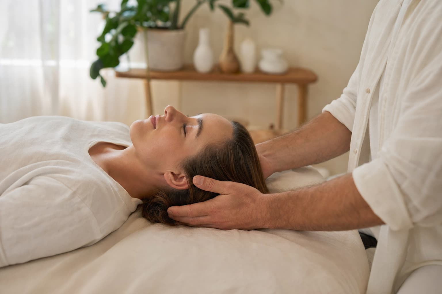 Mains d’un ostéopathe effectuant une manipulation crânienne sur un patient allongé dans une ambiance sereine.