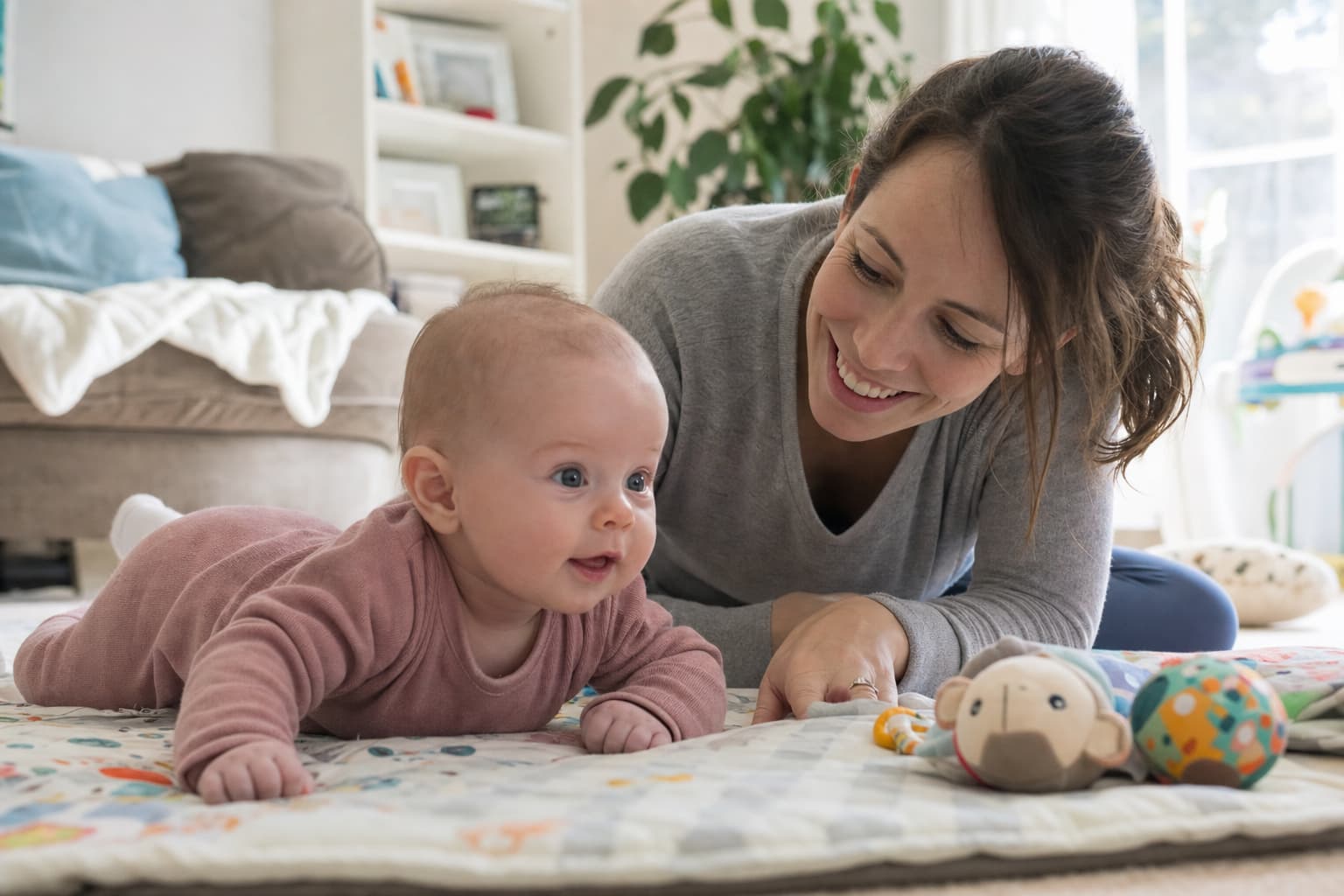 Une maman souriante faisant le temps sur le ventre avec son bébé de trois mois sur un tapis d