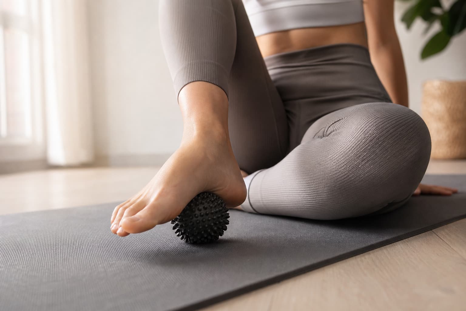 Gros plan d’un pied nu sur un tapis de yoga, une balle de massage épineuse roulant sous la voûte plantaire, dans une pièce lumineuse.