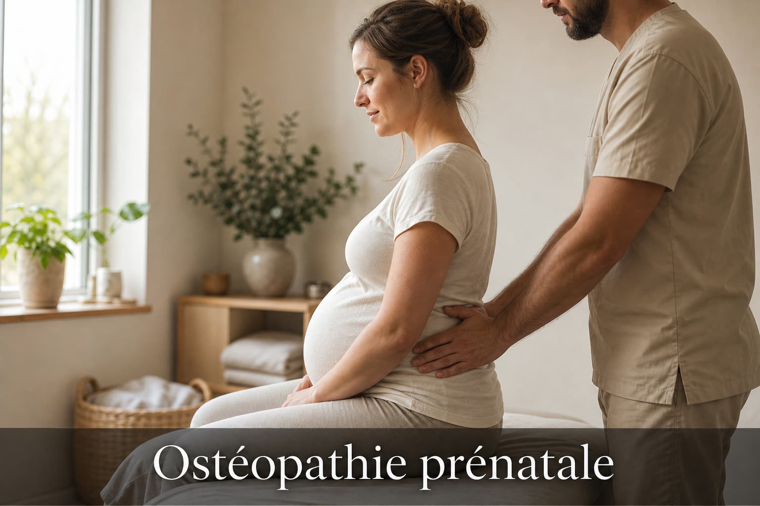 Femme enceinte vue de profil, assise sur une table d