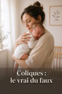 Un parent en t-shirt beige tient tendrement un bébé en pleurs vêtu de blanc dans une nurserie baignée de lumière douce, avec le texte 'Coliques : le vrai du faux' superposé en bas.