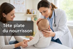 Un pédiatre examine doucement la tête d'un bébé de six mois présentant un léger aplatissement d'un côté, tandis qu'un parent tient la main du bébé dans une clinique lumineuse, avec le texte 'Tête plate du nourrisson' en surimpression.