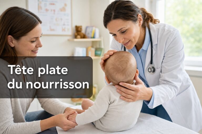 Un pédiatre examine doucement la tête d'un bébé de six mois présentant un léger aplatissement d'un côté, tandis qu'un parent tient la main du bébé dans une clinique lumineuse, avec le texte 'Tête plate du nourrisson' en surimpression.
