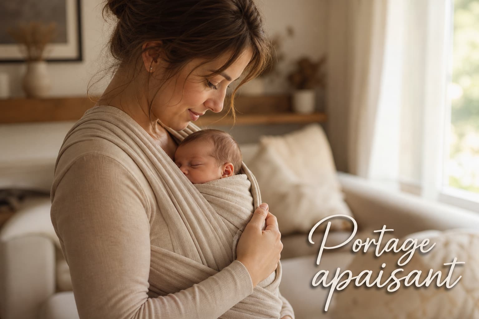 Un parent tient un nouveau-né enveloppé dans une écharpe de portage, peau contre peau, dans un salon aux tons neutres et à la lumière tamisée, avec le texte