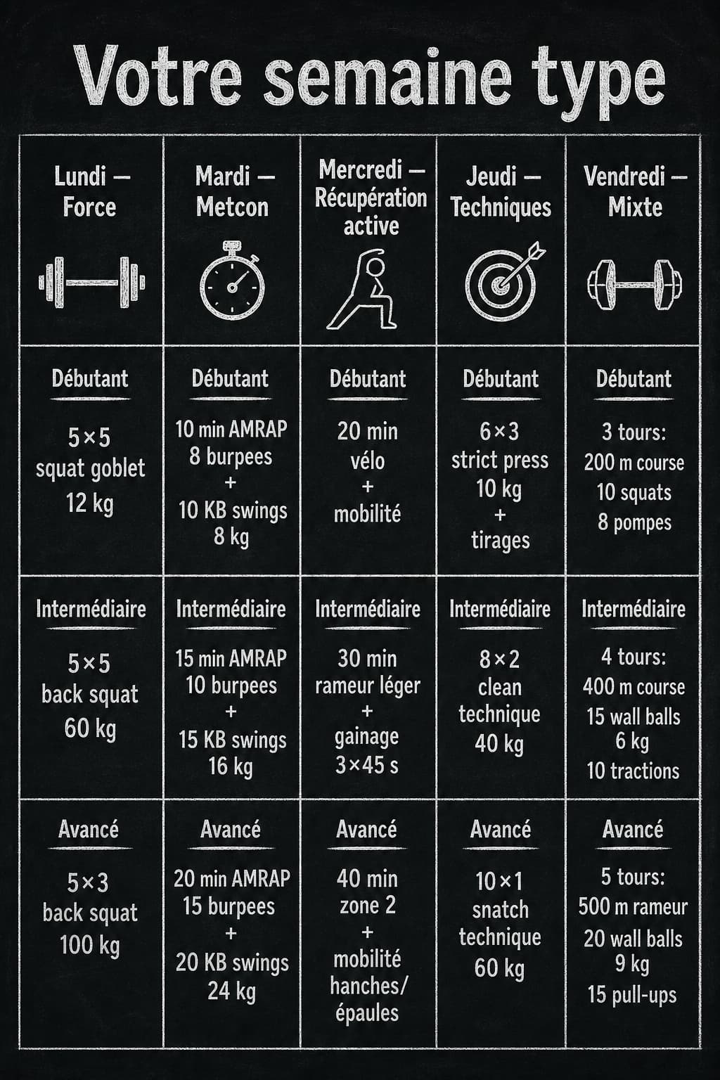 Grille infographique minimaliste sur fond tableau noir avec texte blanc présentant un programme CrossFit de 5 jours avec les jours lundi force, mardi metcon, mercredi repos actif, jeudi techniques, vendredi mixte, incluant pour chaque jour des variations débutant intermédiaire avancé avec répétitions et poids, et le titre superposé