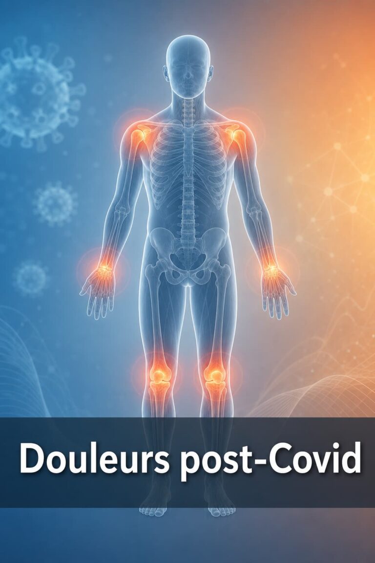 Silhouette humaine semi-transparente mettant en évidence les articulations des genoux, poignets et épaules avec un halo lumineux d'inflammation, sur un fond dégradé bleu et orange, avec le texte 'Douleurs post-Covid' ombré.