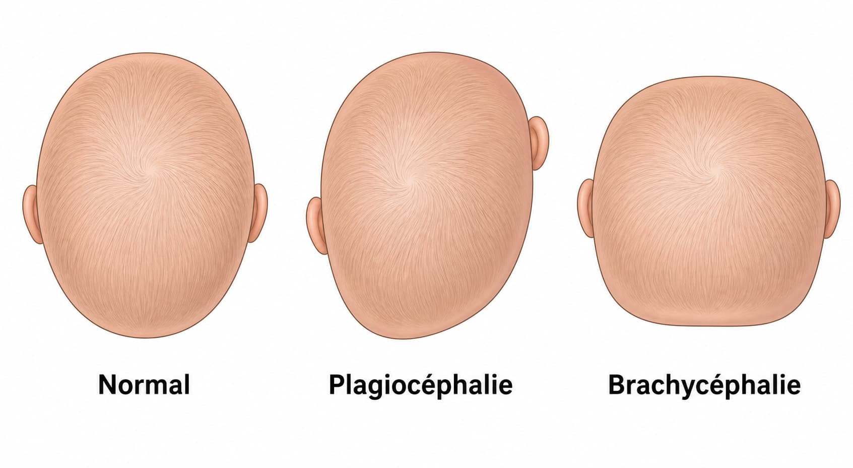 Comparaison de la vue de dessus de trois têtes de bébés : une forme normale arrondie, une plagiocéphalie avec aplatissement unilatéral et une brachycéphalie avec aplatissement symétrique, étiquetées en français sur fond blanc.