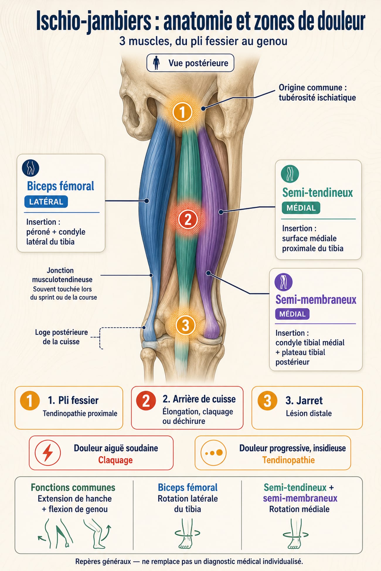 Douleur ischio-jambier : anatomie des trois muscles et zones douloureuses