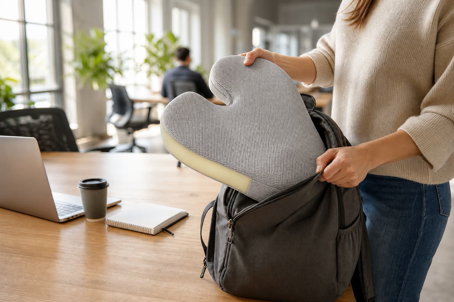 Un utilisateur sortant un coussin orthopédique bonmedico de son sac à dos dans un espace de coworking moderne, montrant la housse en mesh gris clair et les poignées de transport.