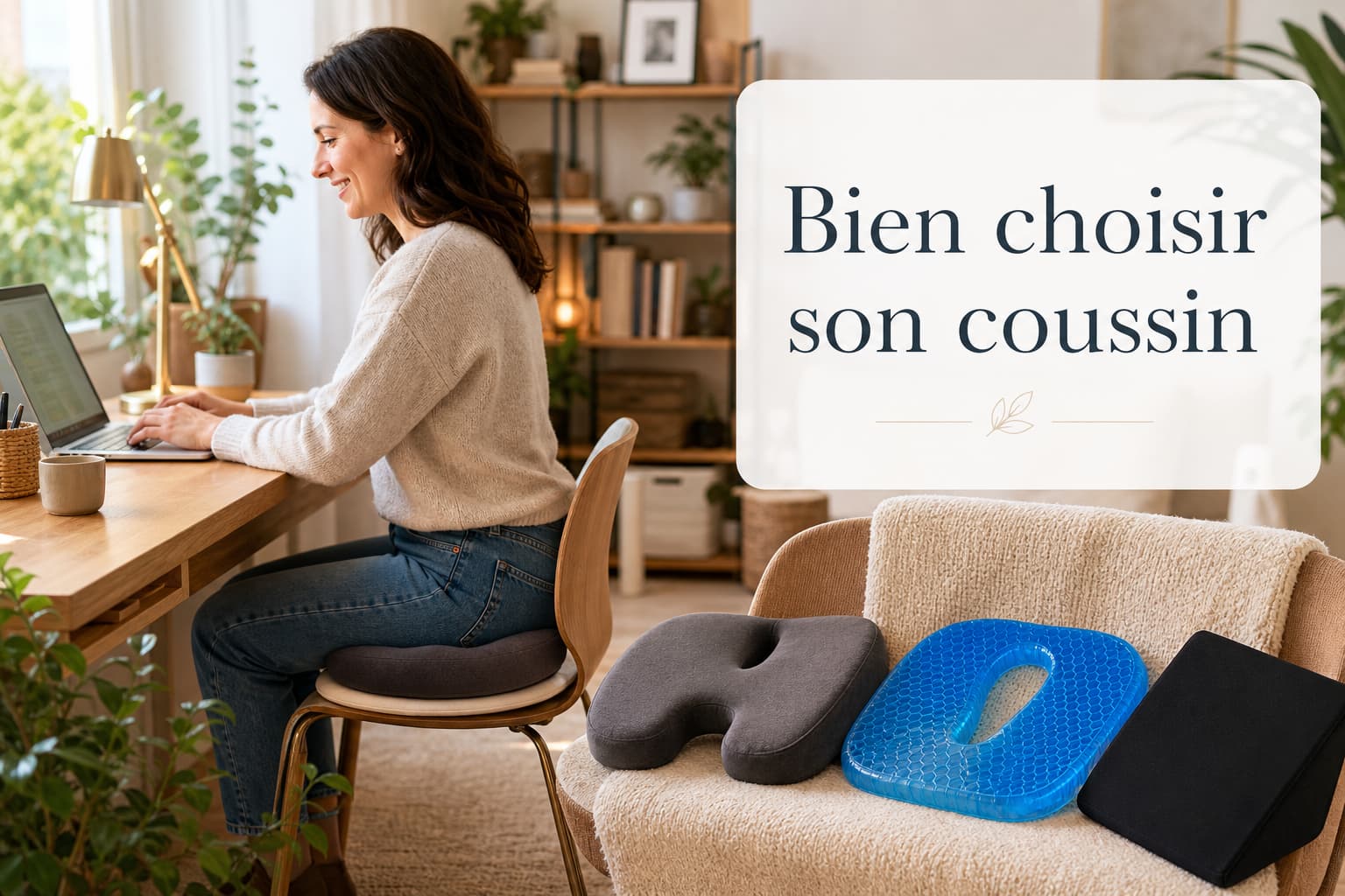 Personne souriante tapant sur un ordinateur, assise sur un coussin ergonomique en forme de donut, avec différents types de coussins coccyx disposés sur une chaise au premier plan et le texte superposé Bien choisir son coussin.