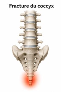 Colonne vertébrale humaine avec le coccyx en évidence, montrant une ligne de fracture, une zone rouge incandescente indiquant la douleur, sur fond blanc, et le texte superposé 'Fracture du coccyx' avec ombre portée centré en haut.
