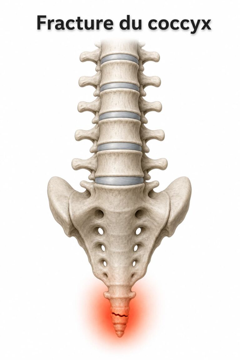 Colonne vertébrale humaine avec le coccyx en évidence, montrant une ligne de fracture, une zone rouge incandescente indiquant la douleur, sur fond blanc, et le texte superposé 'Fracture du coccyx' avec ombre portée centré en haut.
