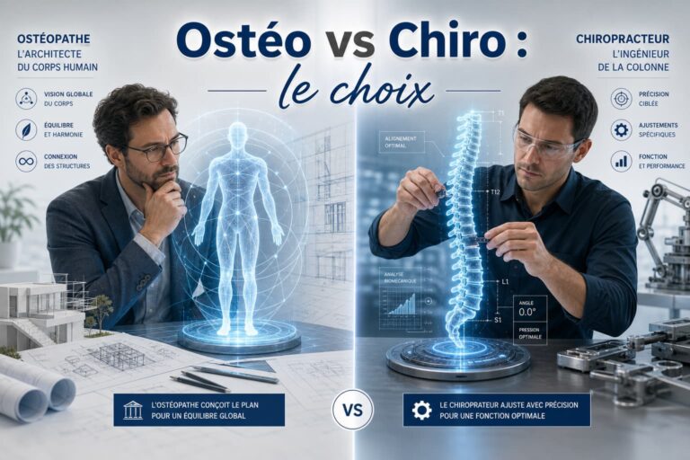 Éditorial comparatif : à gauche, un ostéopathe en architecte visualise un hologramme bleu du corps ; à droite, un chiropracteur en ingénieur ajuste une colonne lumineuse, avec le texte 'Ostéo vs Chiro : le choix' en surimpression.