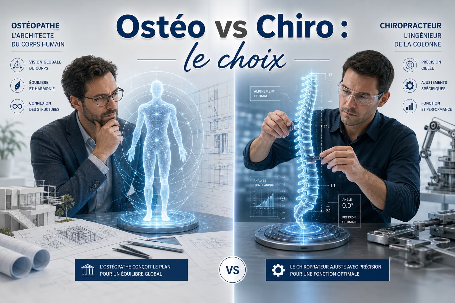 Éditorial comparatif : à gauche, un ostéopathe en architecte visualise un hologramme bleu du corps ; à droite, un chiropracteur en ingénieur ajuste une colonne lumineuse, avec le texte