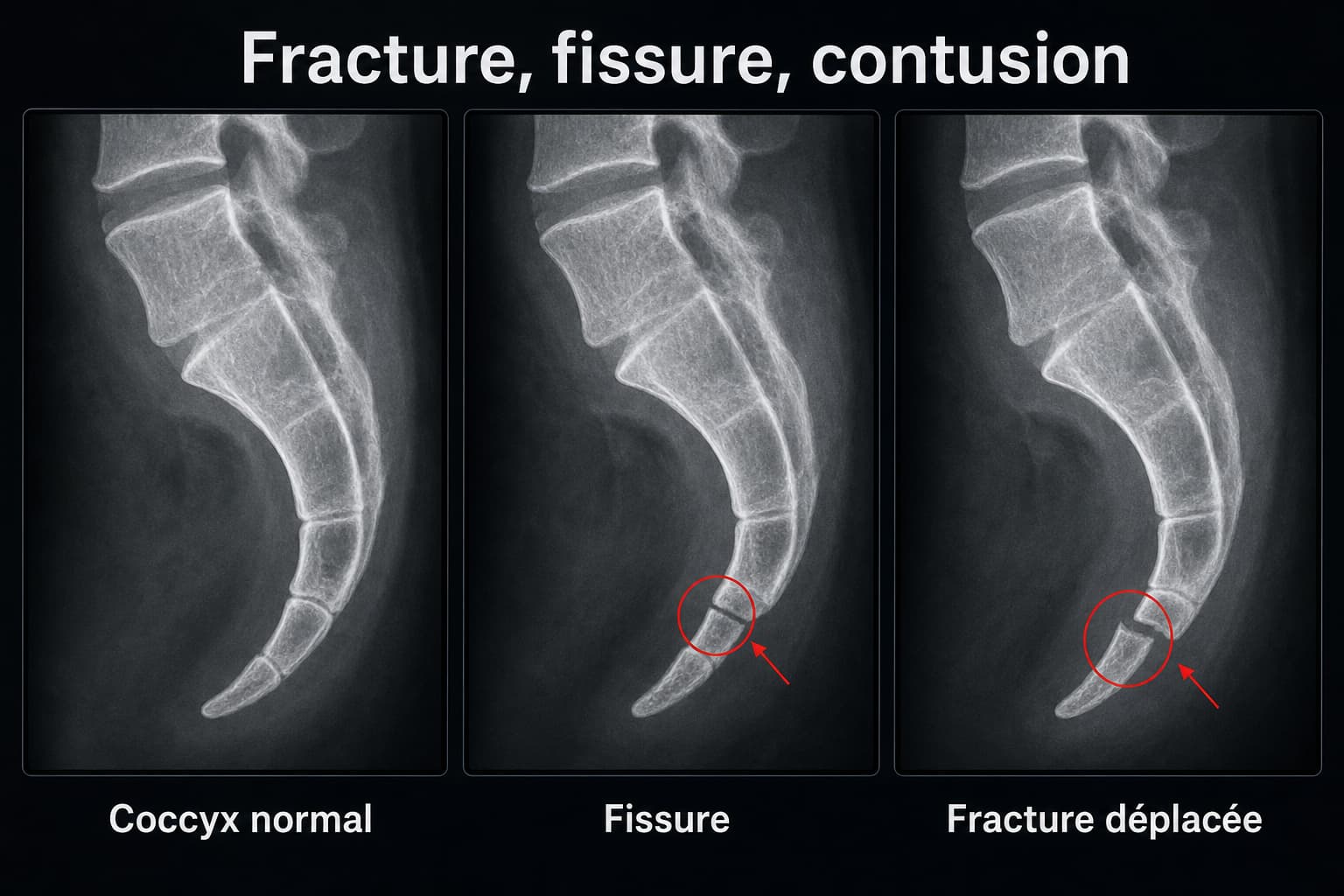 Trois radiographies côte à côte comparant un coccyx normal, une fissure capillaire et une fracture déplacée, affichées sur un écran de visualisation médical sombre avec le texte superposé « Fracture, fissure, contusion » en haut.