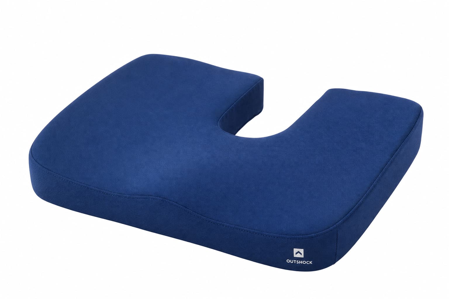 Un coussin coccyx bleu sur fond blanc, vu de biais avec un petit logo Decathlon dans un coin, design simple.