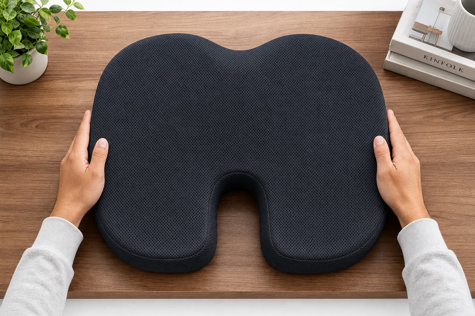 Coussin coccyx à découpe ouverte en mousse mémoire gris anthracite, vu du dessus sur un bureau en bois avec des mains posées dessus.