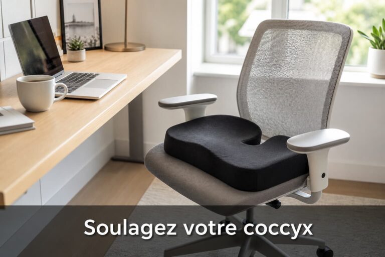 Bureau lumineux avec chaise de bureau, coussin coccyx à découpe en U, ordinateur portable, tasse de café et texte superposé 'Soulagez votre coccyx'.