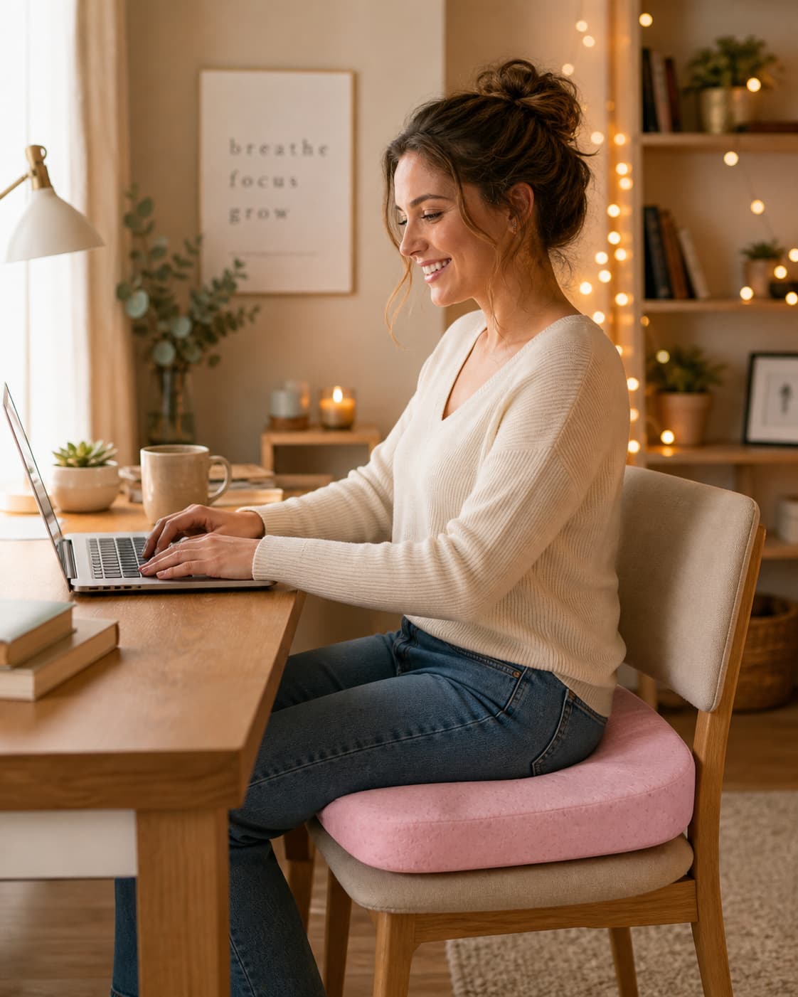 Une femme souriante est assise à un bureau en bois sur un coussin rose doux avec un motif subtil, utilisant un ordinateur portable dans un bureau à domicile chaleureux avec des guirlandes lumineuses en arrière-plan.