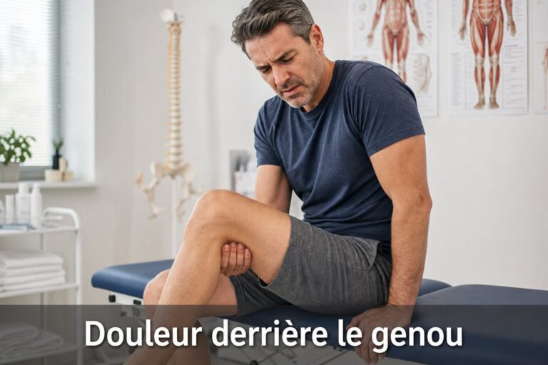 Une personne touche l'arrière de son genou en exprimant de la douleur dans un cadre clinique à l'éclairage doux, avec un texte superposé 'Douleur derrière le genou' en bas.