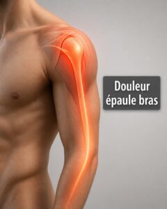 Illustration anatomique simplifiée d’une épaule et d’un bras montrant un trajet lumineux de douleur descendant depuis l’épaule, avec le texte « Douleur épaule bras » affiché.