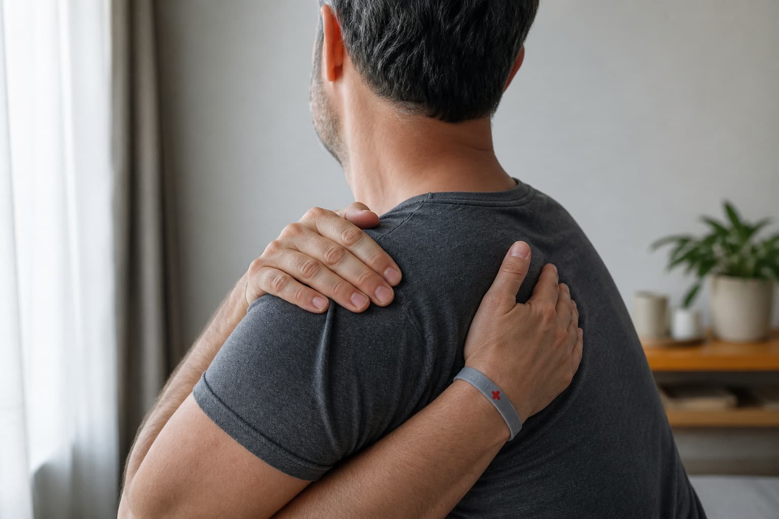 Personne vue de trois quarts, une main pressée sur l’épaule gauche et l’autre sur la poitrine, portant un bracelet avec un petit symbole d’urgence médicale.