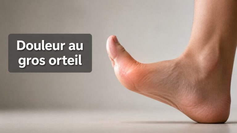 Pied nu vu de profil, gros orteil légèrement surélevé et articulation mise en évidence par un éclairage doux, avec le texte « Douleur au gros orteil » incrusté en surimpression.