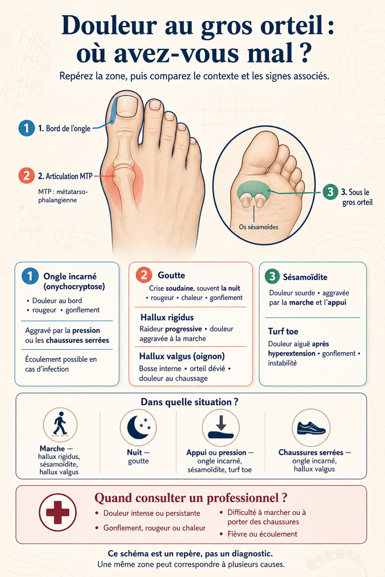 Infographie zones douleur gros orteil et causes