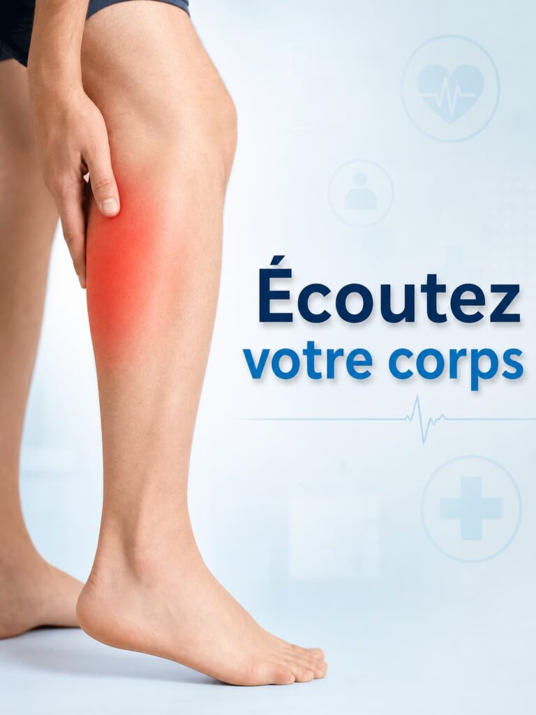 Jambe d'une personne du genou au pied, avec le muscle du mollet illuminé en rouge sur fond clinique avec icônes médicales, et le texte 'Écoutez votre corps' superposé.