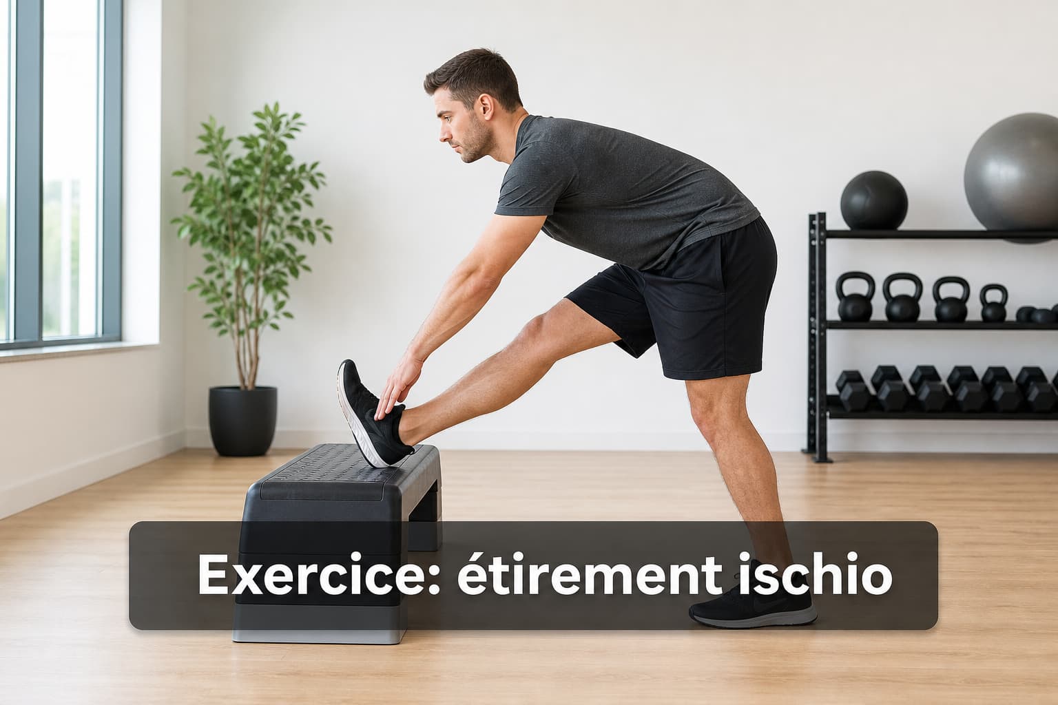 Personne réalisant un étirement des ischio-jambiers, debout, une jambe tendue sur une marche basse, buste incliné vers l
