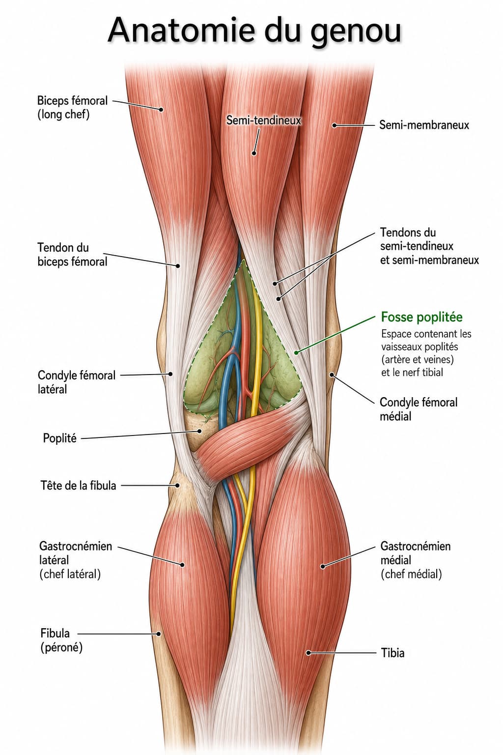 Vue anatomique détaillée de la face postérieure du genou, avec la fosse poplitée, les tendons ischio-jambiers et les muscles étiquetés, et le texte