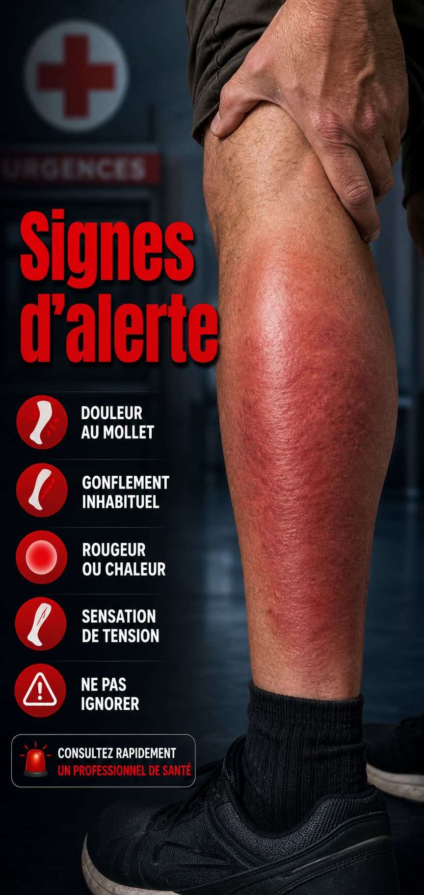 Gros plan sur le mollet gonflé et rouge d