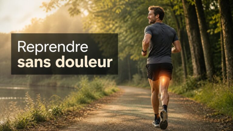 Coureur vu de trois-quarts arrière sur un chemin extérieur, foulée confortable, arrière de la cuisse légèrement mis en valeur, expression sereine, avec le texte « Reprendre sans douleur » en surimpression.