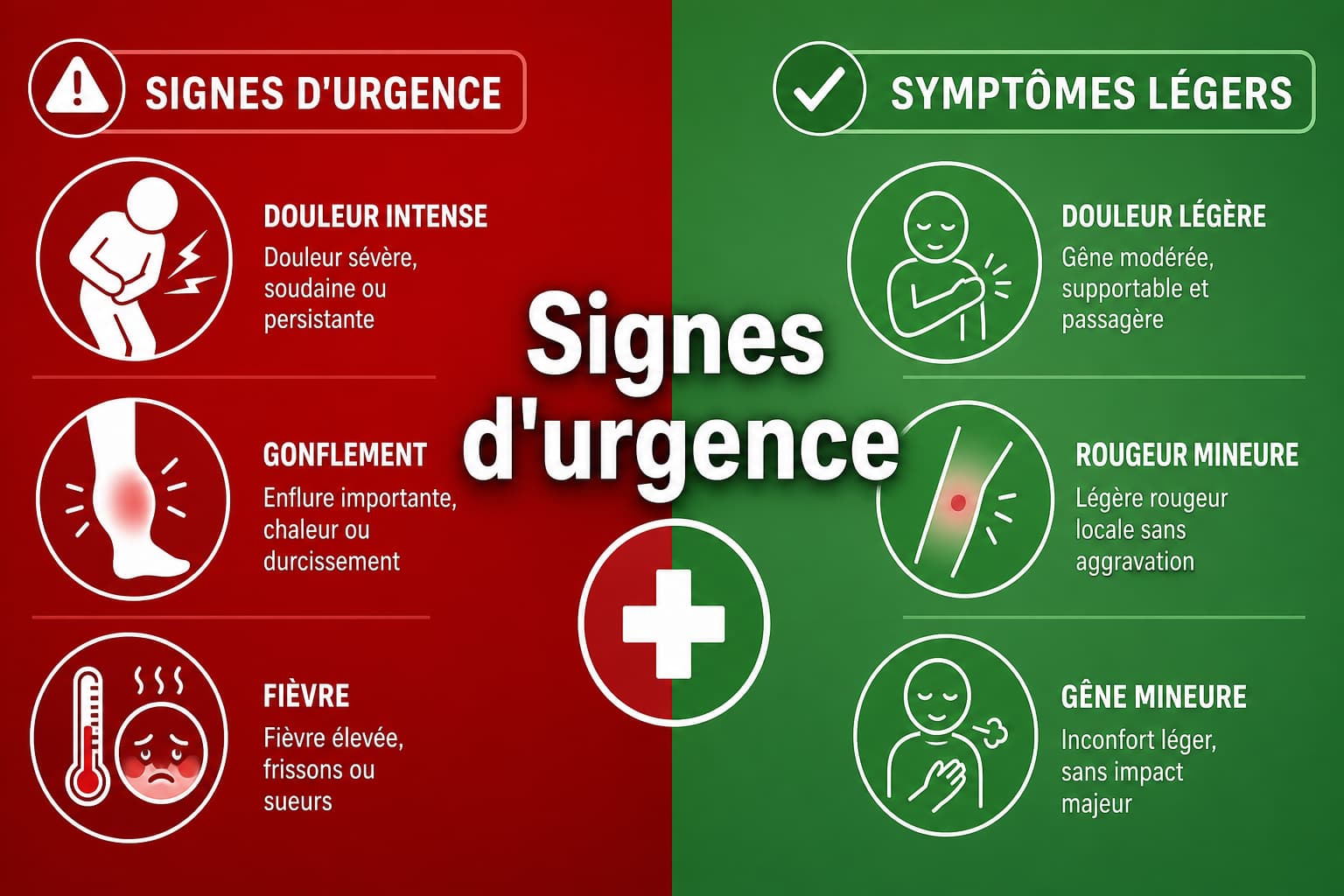 Infographie médicale minimaliste avec un fond rouge et vert divisé, des icônes simples pour les signes d