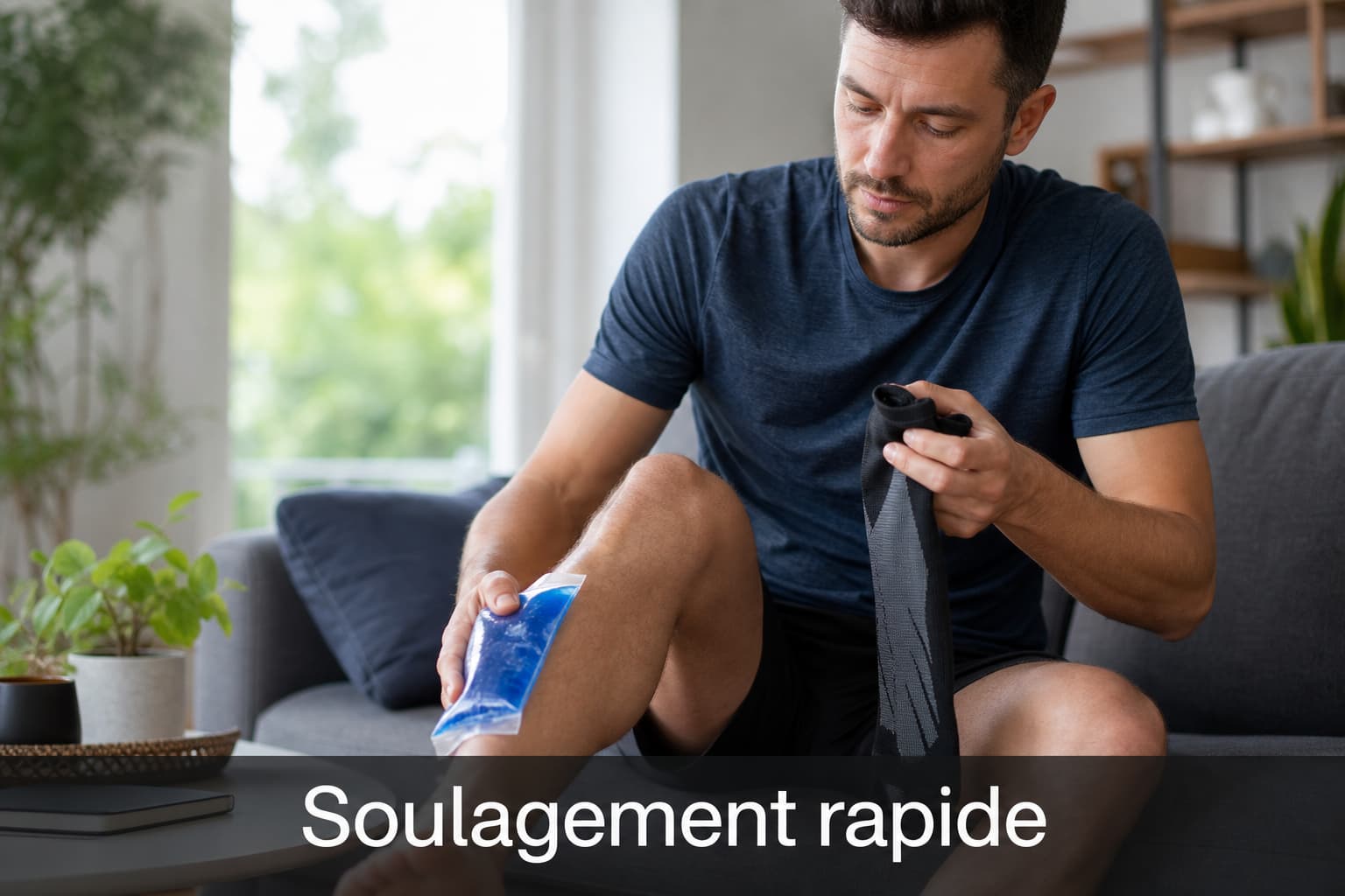 Personne sur un canapé appliquant une poche de glace bleue sur le mollet tout en tenant une chaussette de compression, avec surimpression